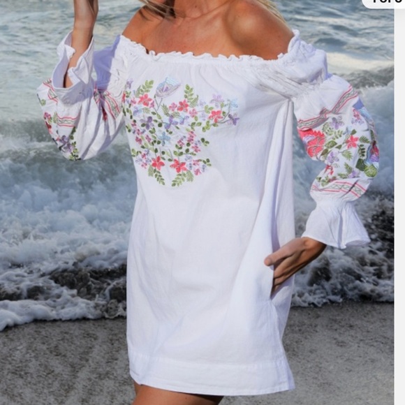 GiocamWhite Embroidered Off-Shoulder CottonDress Boho Bridal Beach Goddess Vibes - Picture 1 of 16